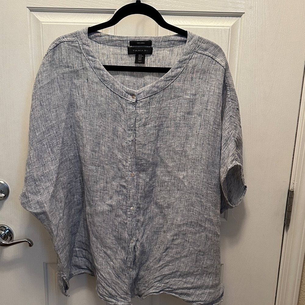 Tahari Women's 100% Linen Oversized Grayish Navy Button-Down Shirt Size M